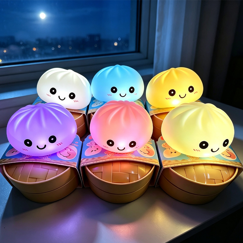 Food Grocery Snacks - Ästhetisches LED-Nachtlicht in Brötchenform, weiches Silikon-Squishy-Spielzeug,