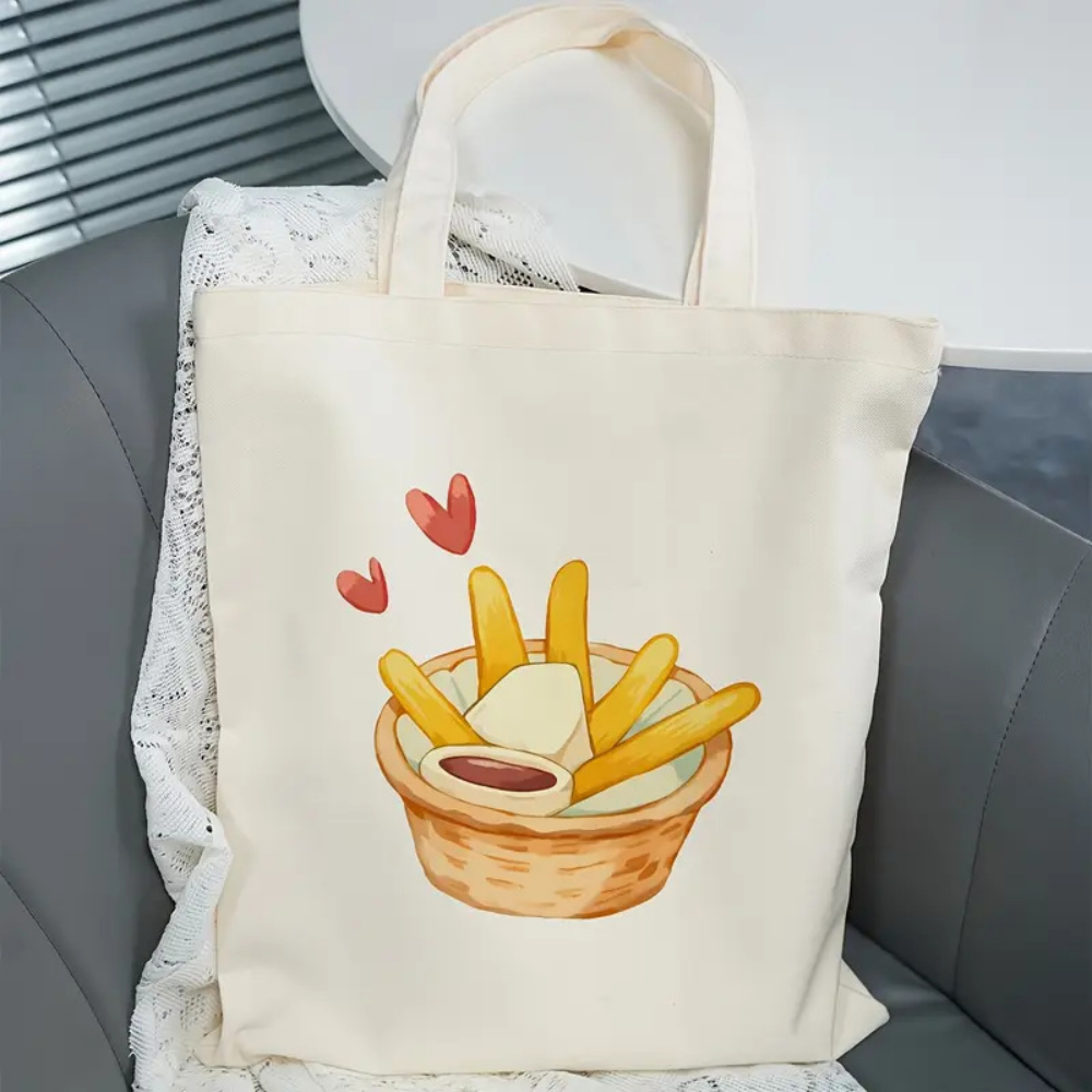 Food Grocery Snacks - Niedliche Einkaufstasche aus Segeltuch mit Pommes-Frites-Aufdruck,