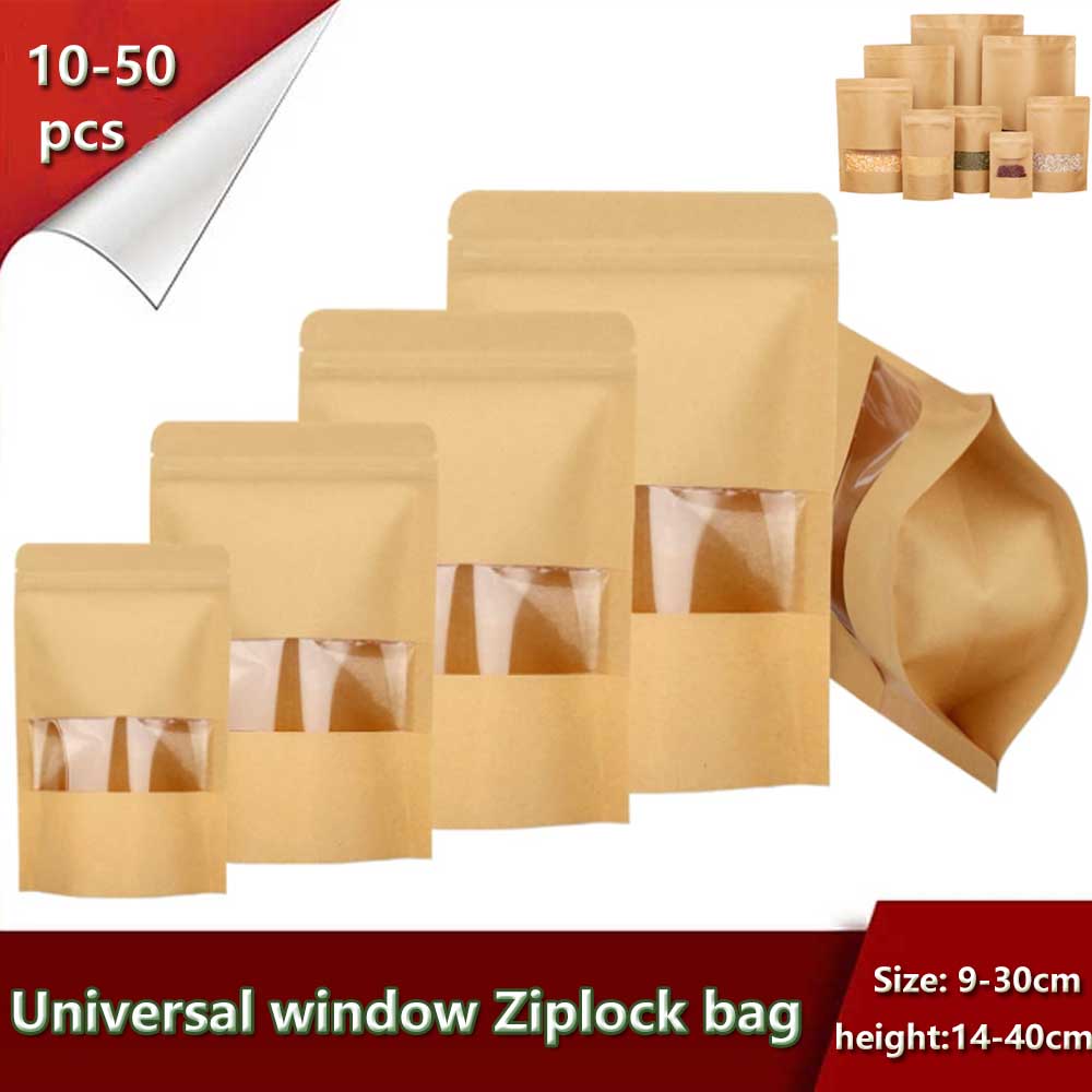 Food Or Snacks - 10–50 Stück Kraftpapier-Fensterbeutel mit aufrechter Dichtung,