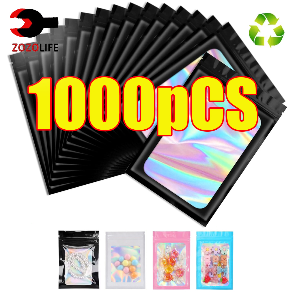 Food Or Snacks - 10-1000 Stück Holografische Ziplock-Beutel Schwarze Plastik-Laser-Irisierende